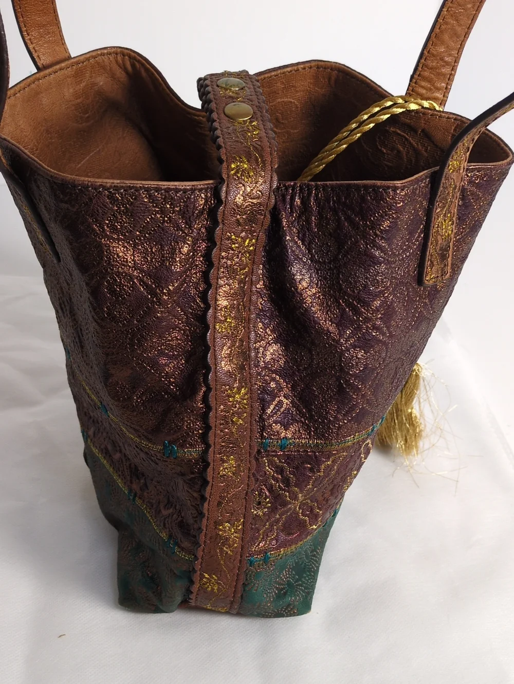 Butterfly by Matthew Williamson Leather Tote Bag Metallic Embossed Boho Tassels